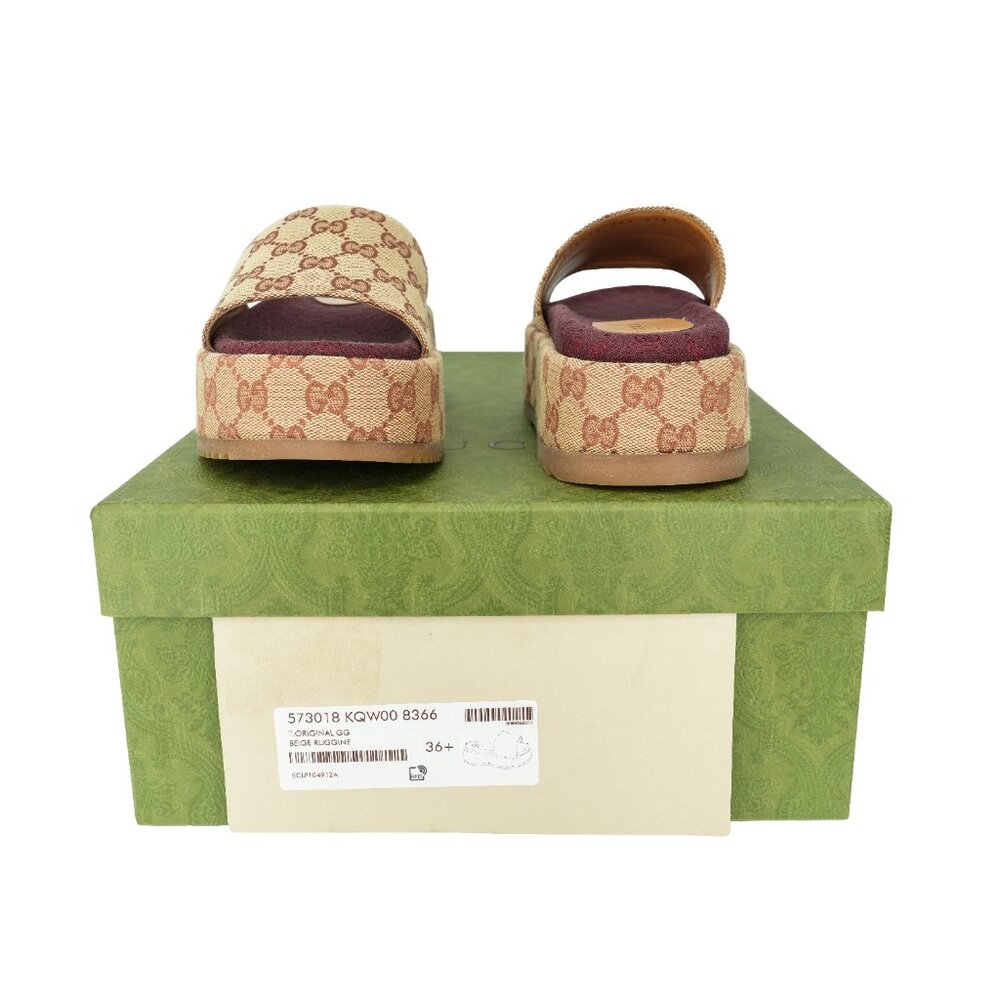 Gucci Beige Monogram Platform Slide Sandals with Burgundy Insole - Picture 12 of 16